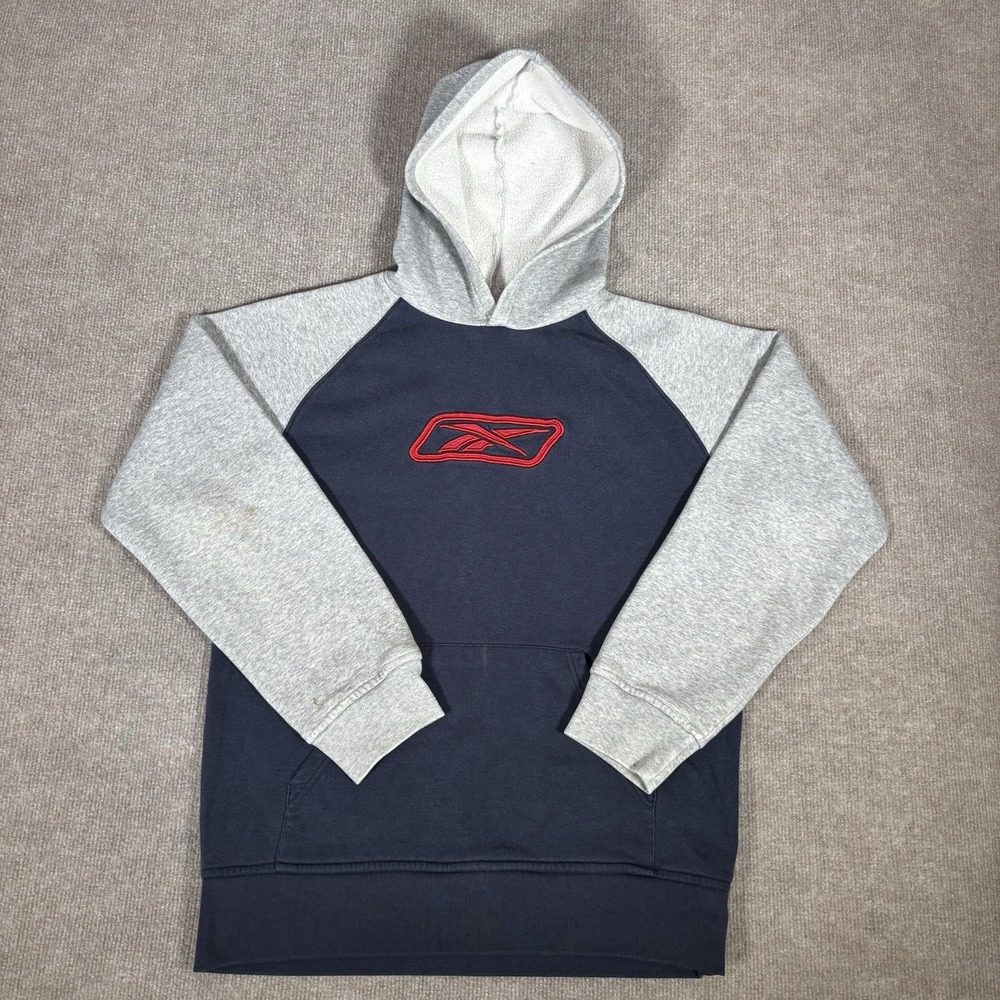 Vintage Reebok Hoodie Sweatshirt Youth Boys L Pullover Blue Gray Big Logo Y2K
